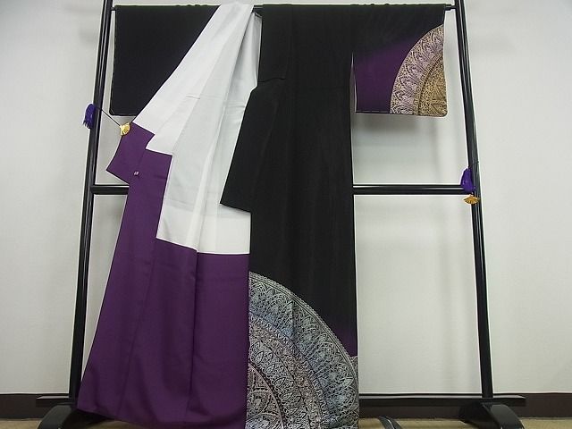 平和屋本店●金彩友禅 卓越技能者・名工・和田光正 訪問着袋帯セット 暈し染 銀通し地 黒地 さが美扱い 未使用3s4862
