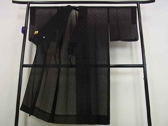 平和屋本店▽極上 道中着 ロング丈 スリーシーズン 春夏秋 市松紋紗 洒落着 黒地 逸品s7095