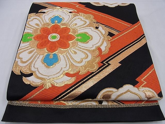 平和屋着物■六通柄袋帯 唐織 吉祥花文 黒地 金糸 逸品 n-sa1371