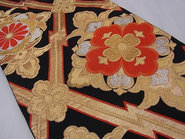 平和屋着物■六通柄袋帯 唐織 松皮菱花文 黒地 金銀糸 逸品 n-sa1380
