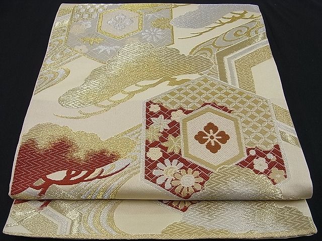 平和屋着物■六通柄袋帯 唐織 笠松花菱亀甲文 金銀糸 n-sa1682