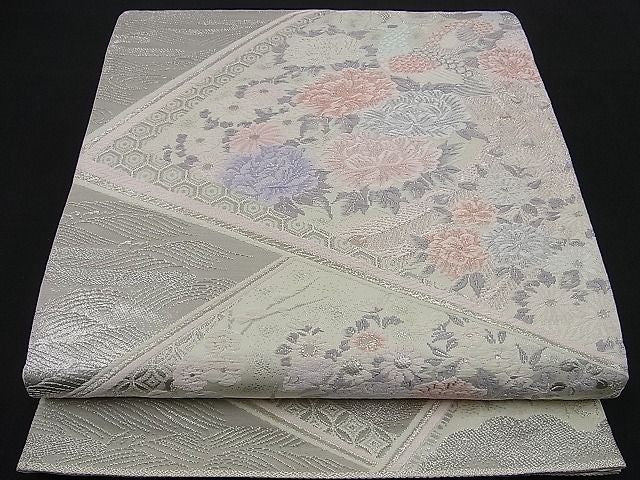 平和屋着物■六通柄袋帯 唐織 孔雀花文 プラチナ箔 銀糸 逸品 n-sa1798