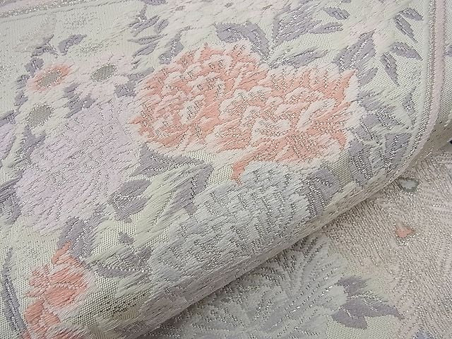 平和屋着物■六通柄袋帯 唐織 孔雀花文 プラチナ箔 銀糸 逸品 n-sa1798