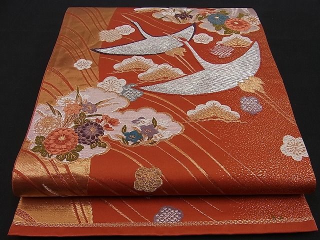 平和屋着物■六通柄袋帯 唐織 雲取り飛鶴吉祥花文 金銀糸 逸品 n-sa2354