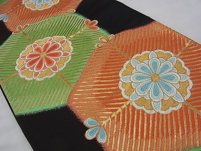 平和屋着物■六通柄袋帯 唐織 亀甲花文 黒地 金糸 逸品 n-sa2470