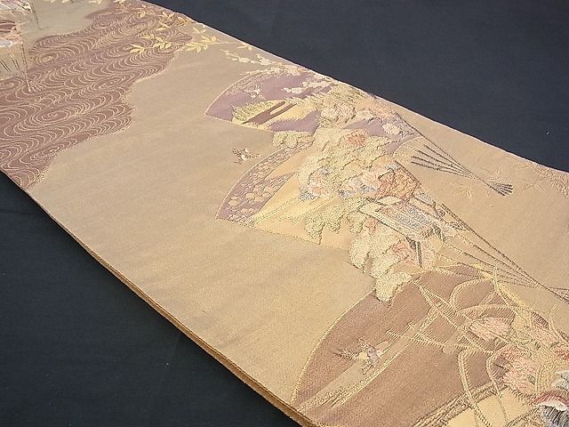 平和屋着物■六通柄袋帯 扇面御所車花鳥文 金糸 逸品 n-sx1138