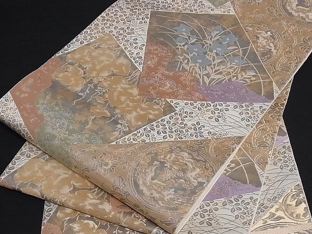 平和屋着物■六通柄袋帯 色紙重ね草花文 金糸 引箔 正絹 逸品 A-sx6444