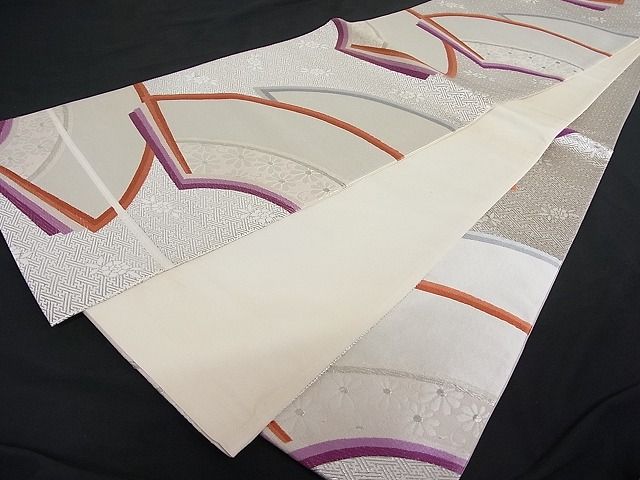 平和屋着物■六通柄袋帯 地紙重ね花唐草文 銀糸 正絹 逸品 A-tn1145