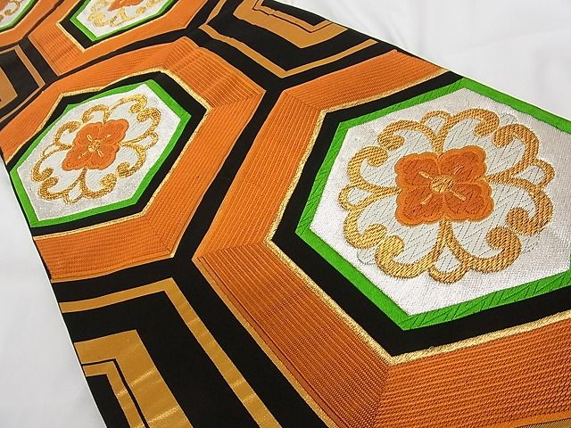 平和屋着物■六通柄袋帯 唐織 花亀甲文 黒地 金銀糸 正絹 逸品 A-tn2254