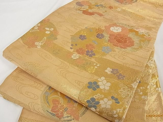 平和屋着物■六通柄袋帯 草花丸文 金糸 正絹 逸品 A-tn2296
