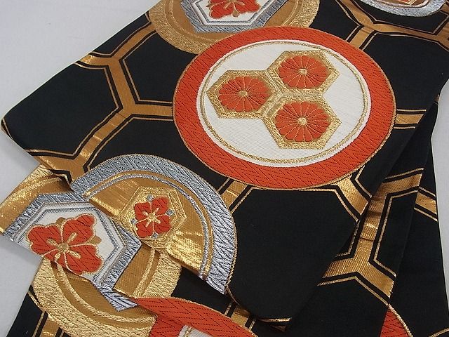 平和屋着物■六通柄袋帯 亀甲花丸文 黒地 金銀糸 逸品 ud0961