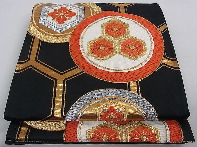 平和屋着物■六通柄袋帯 亀甲花丸文 黒地 金銀糸 逸品 ud0961