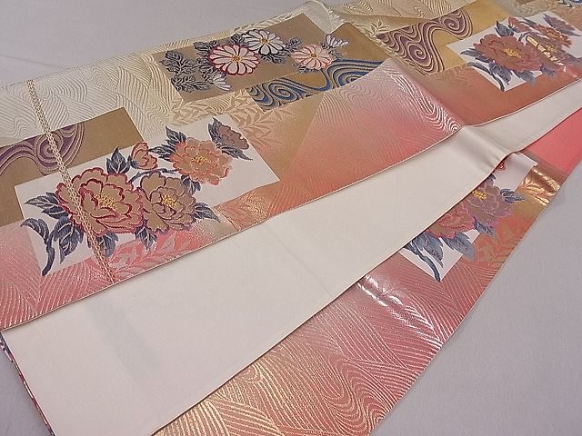 平和屋着物■六通柄袋帯 唐織 短冊流水花文 金糸 逸品 ut4211