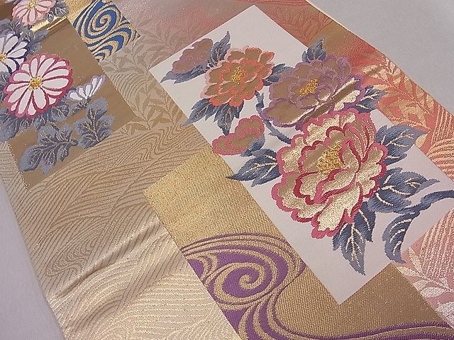 平和屋着物■六通柄袋帯 唐織 短冊流水花文 金糸 逸品 ut4211