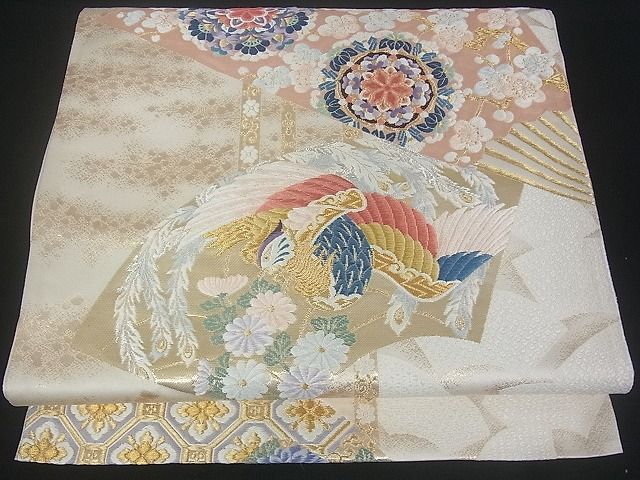 平和屋着物■六通柄袋帯 扇面花鳥文 金銀糸 逸品 uw0622
