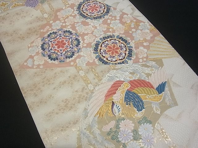 平和屋着物■六通柄袋帯 扇面花鳥文 金銀糸 逸品 uw0622