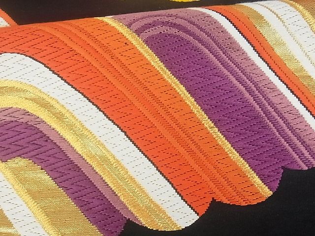 平和屋着物■六通柄袋帯 立波文 黒地 金糸 逸品 uw0661