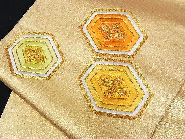 平和屋着物■九寸名古屋帯 駒刺繍 亀甲花文 金糸 正絹 逸品 A-uw2428