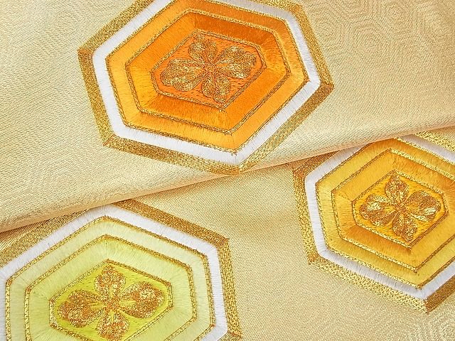 平和屋着物■九寸名古屋帯 駒刺繍 亀甲花文 金糸 正絹 逸品 A-uw2428