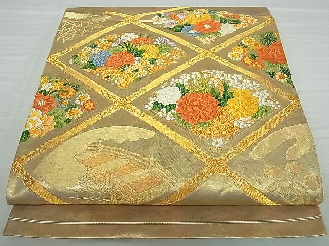 平和屋着物■六通太鼓柄袋帯 菱花籠文 金糸 逸品 vf4720