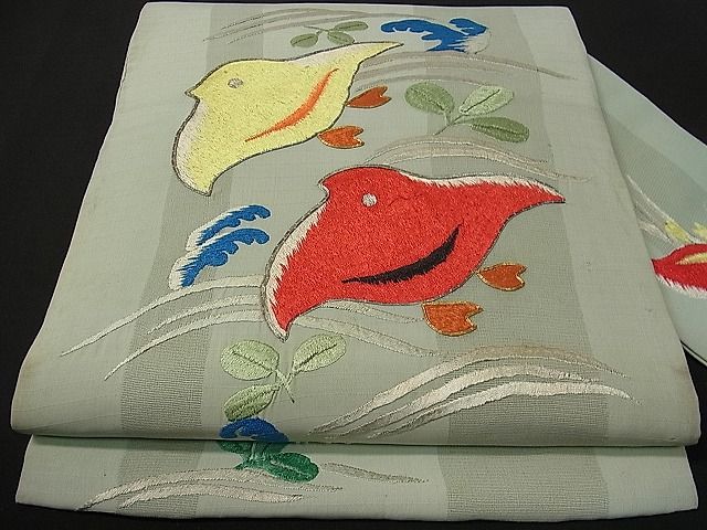 平和屋本店●極上 アンティーク 大正ロマン スリーシーズン 春夏秋 九寸名古屋帯 総刺繍 駒刺繍 立波に千鳥 金銀糸 1s294