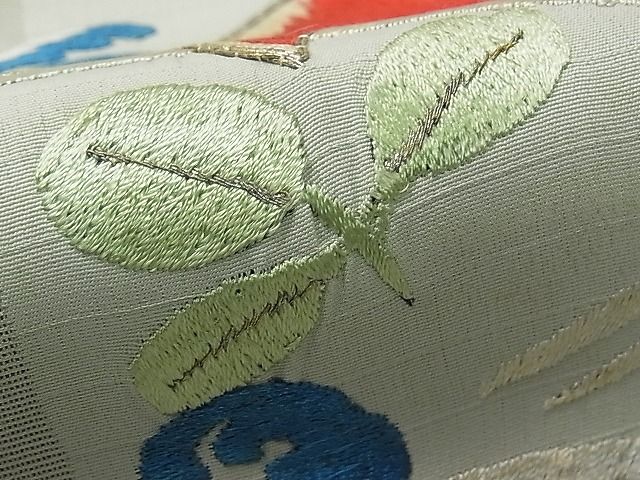 平和屋本店●極上 アンティーク 大正ロマン スリーシーズン 春夏秋 九寸名古屋帯 総刺繍 駒刺繍 立波に千鳥 金銀糸 1s294