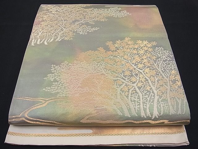 平和屋着物■六通柄袋帯 流水樹林花文 金糸 逸品 n-vz0490