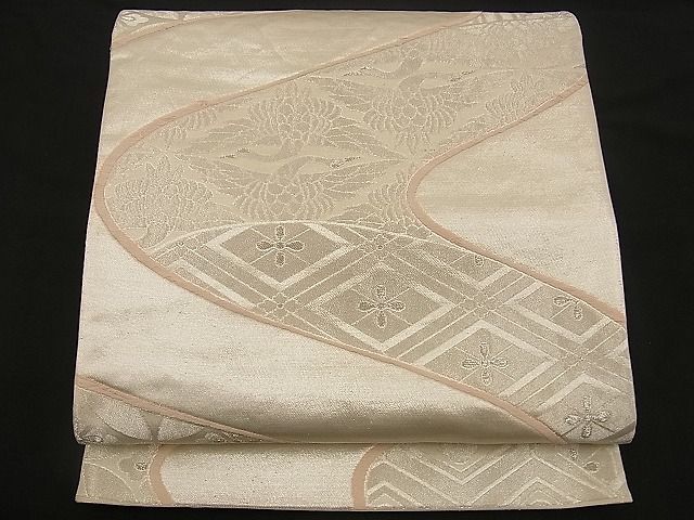 平和屋着物■六通柄袋帯 唐織 流水向かい鶴菱文 銀糸 逸品 n-wb0731
