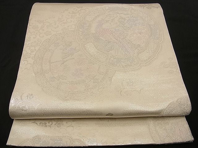 平和屋着物■両面六通柄袋帯 唐織 絵皿花鳥文 銀糸 逸品 n-wb1122