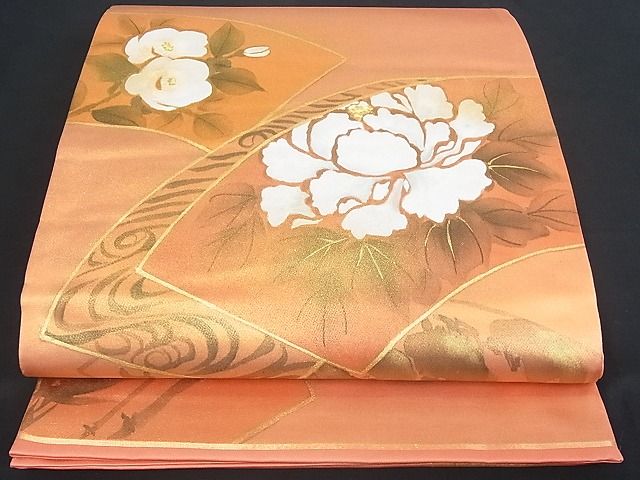 平和屋着物■六通太鼓柄袋帯 作家物 地紙花文 金彩 手描き 逸品 wb4982