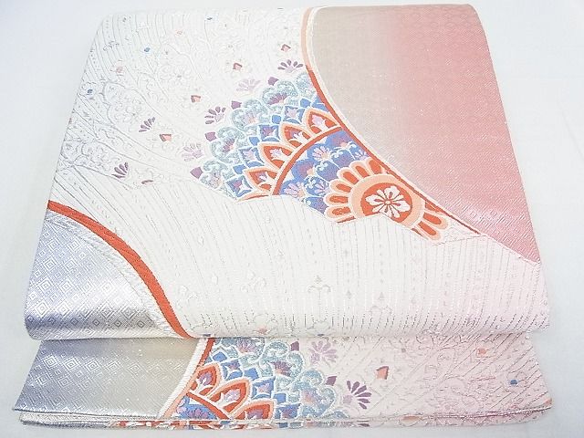 平和屋着物■六通柄袋帯 唐織 吉祥舞扇花文 銀糸 逸品 wb6641