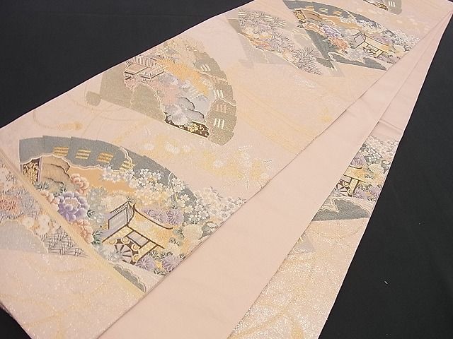 平和屋着物■六通柄袋帯 唐織 御所車檜扇草花文 金銀糸 逸品 n-yc1785