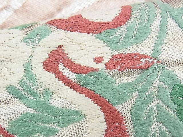 平和屋着物■佐賀錦 六通柄袋帯 唐織 花喰い鳥 向かい鶴丸文 金銀糸 逸品 n-yc2420