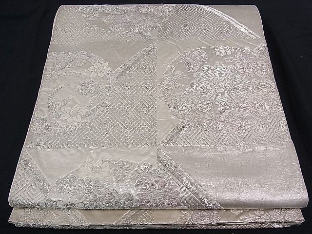 平和屋着物■六通柄袋帯 唐織 市松吉祥花丸文 銀糸 逸品 ze3557