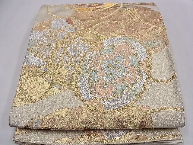 平和屋着物■六通柄袋帯 鼓飛鶴吉祥花文 金銀糸 逸品 ze5449