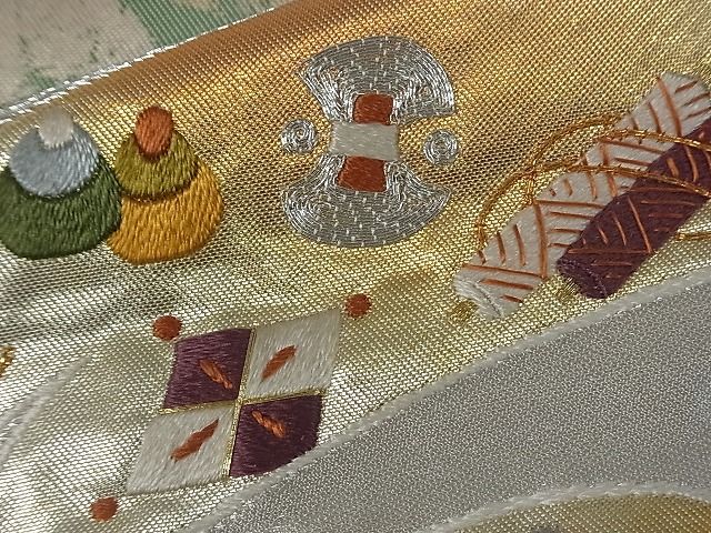 平和屋着物■六通太鼓柄袋帯 駒刺繍 扇面宝尽くし 金銀糸 逸品 zy0516