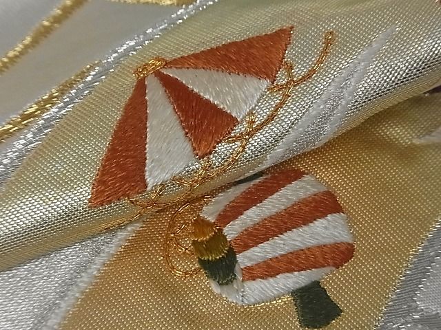 平和屋着物■六通太鼓柄袋帯 駒刺繍 扇面宝尽くし 金銀糸 逸品 zy0516