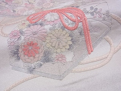 平和屋着物■六通太鼓柄袋帯 総刺繍 駒刺繍 文箱花文 銀糸 逸品 n-ds0296