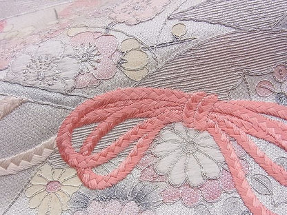 平和屋着物■六通太鼓柄袋帯 総刺繍 駒刺繍 文箱花文 銀糸 逸品 n-ds0296