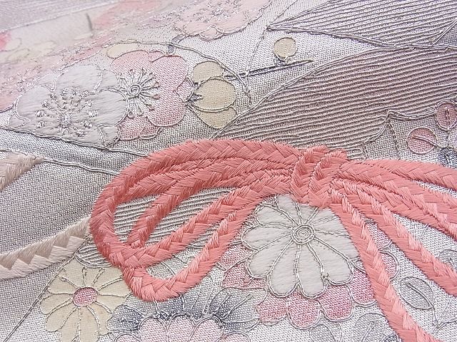 平和屋着物■六通太鼓柄袋帯 総刺繍 駒刺繍 文箱花文 銀糸 逸品 n-ds0296