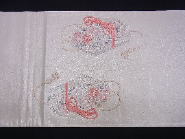 平和屋着物■六通太鼓柄袋帯 総刺繍 駒刺繍 文箱花文 銀糸 逸品 n-ds0296