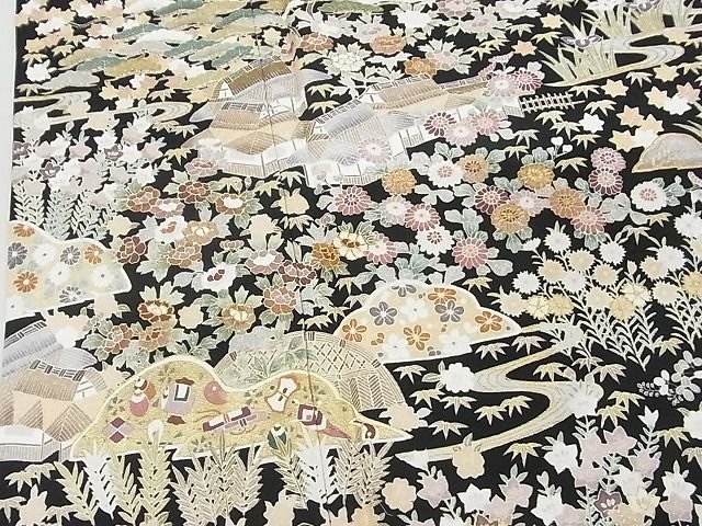 平和屋本店■極上　訪問着　駒刺繍　友禅　御所解文様　黒地　金彩　ロング丈　着丈172.5cm　裄丈68.5cm　正絹　逸品　KAAA1316kk4 - 平和屋