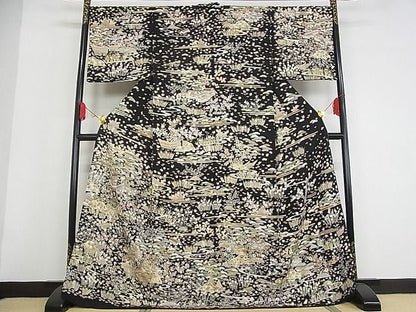 平和屋本店■極上　訪問着　駒刺繍　友禅　御所解文様　黒地　金彩　ロング丈　着丈172.5cm　裄丈68.5cm　正絹　逸品　KAAA1316kk4 - 平和屋
