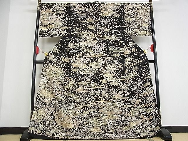 平和屋本店■極上　訪問着　駒刺繍　友禅　御所解文様　黒地　金彩　ロング丈　着丈172.5cm　裄丈68.5cm　正絹　逸品　KAAA1316kk4 - 平和屋