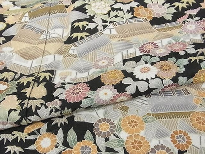 平和屋本店■極上　訪問着　駒刺繍　友禅　御所解文様　黒地　金彩　ロング丈　着丈172.5cm　裄丈68.5cm　正絹　逸品　KAAA1316kk4 - 平和屋