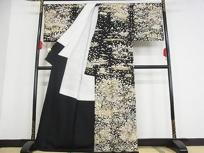 平和屋本店■極上　訪問着　駒刺繍　友禅　御所解文様　黒地　金彩　ロング丈　着丈172.5cm　裄丈68.5cm　正絹　逸品　KAAA1316kk4 - 平和屋