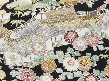 平和屋本店■極上　訪問着　駒刺繍　友禅　御所解文様　黒地　金彩　ロング丈　着丈172.5cm　裄丈68.5cm　正絹　逸品　KAAA1316kk4 - 平和屋