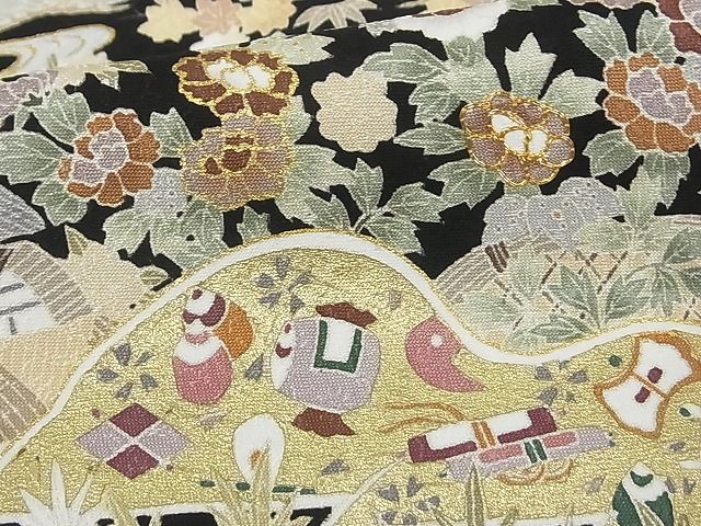 平和屋本店■極上　訪問着　駒刺繍　友禅　御所解文様　黒地　金彩　ロング丈　着丈172.5cm　裄丈68.5cm　正絹　逸品　KAAA1316kk4 - 平和屋
