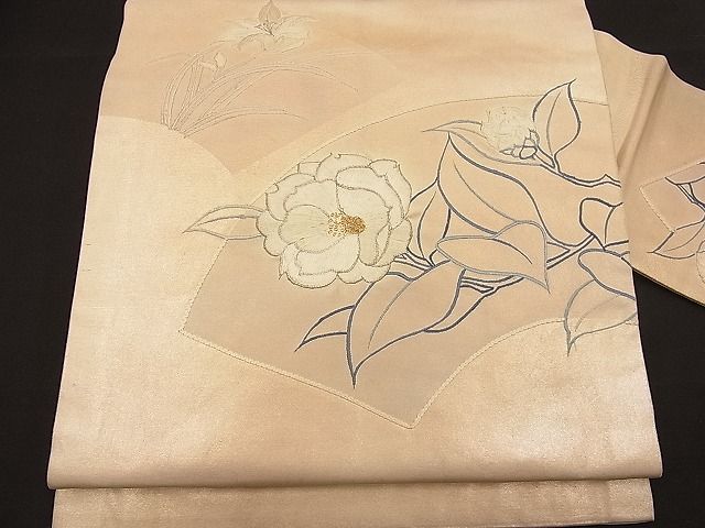 平和屋着物■九寸名古屋帯　刺繍　地紙花文　金銀糸　逸品　n-bj0621