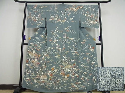 平和屋本店■希少　京都老舗　名門「千總」　訪問着　松坂屋　染織名作展　刺繍　松皮菱風景花蝶文　金彩　鬼しぼ縮緬　逸品　未使用3s1870